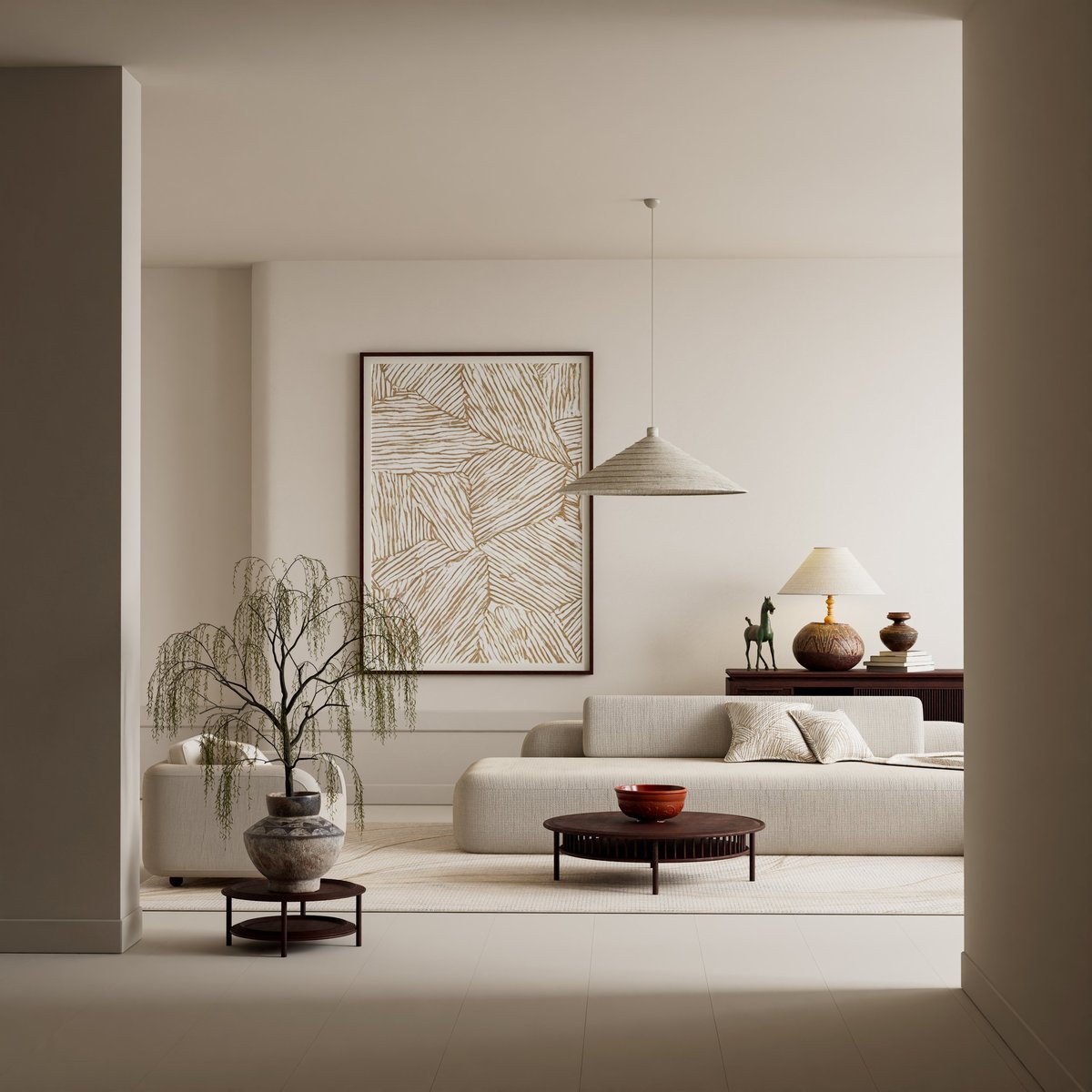 Airy modern interior with natural materials and soft neutral tones